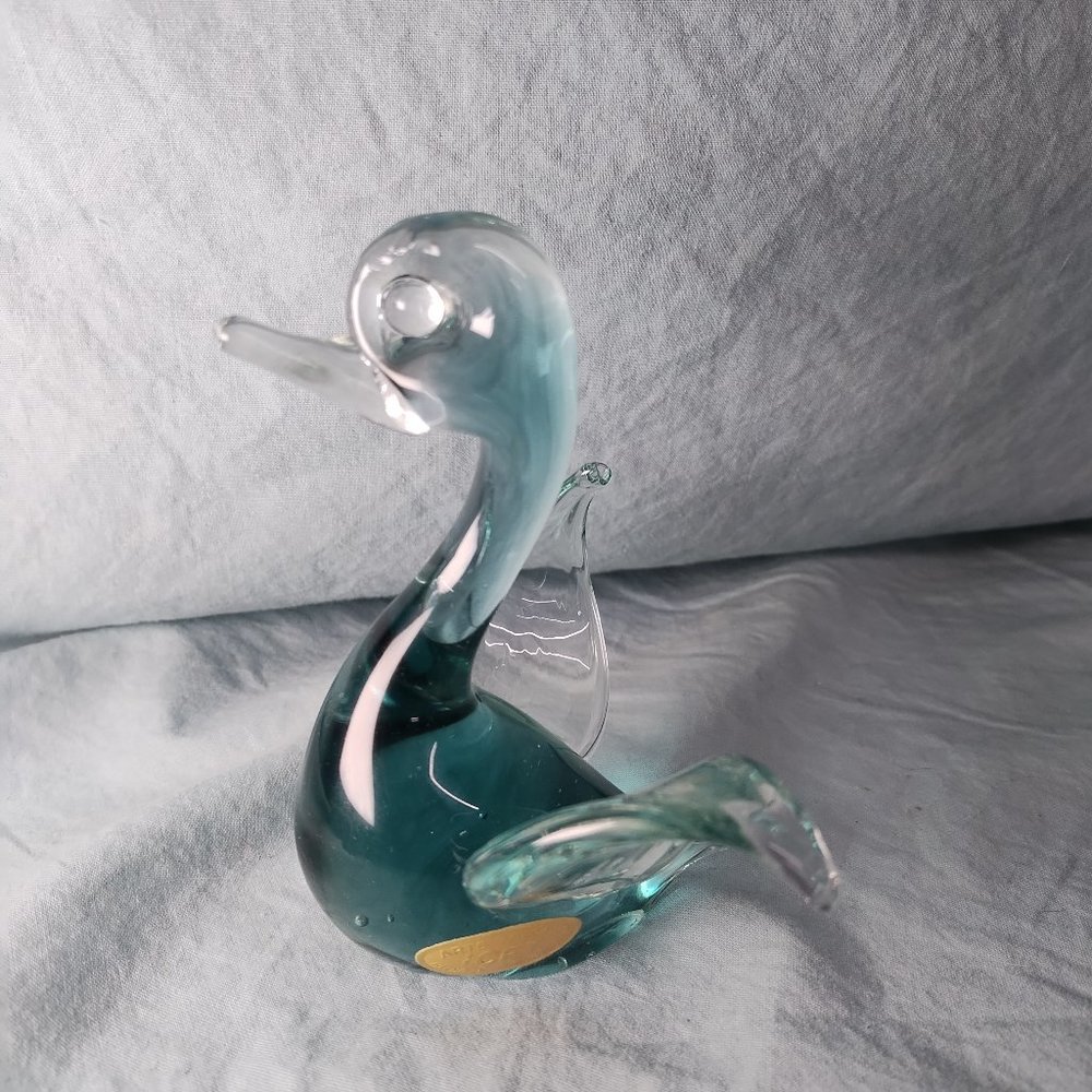 vintage blue green glass arte Murano ICET swan (w1707)